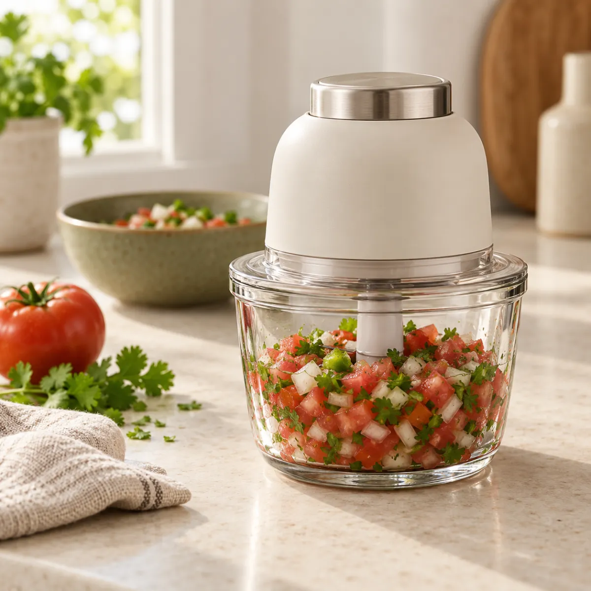 Compact electric food chopper with salsa in the bowl