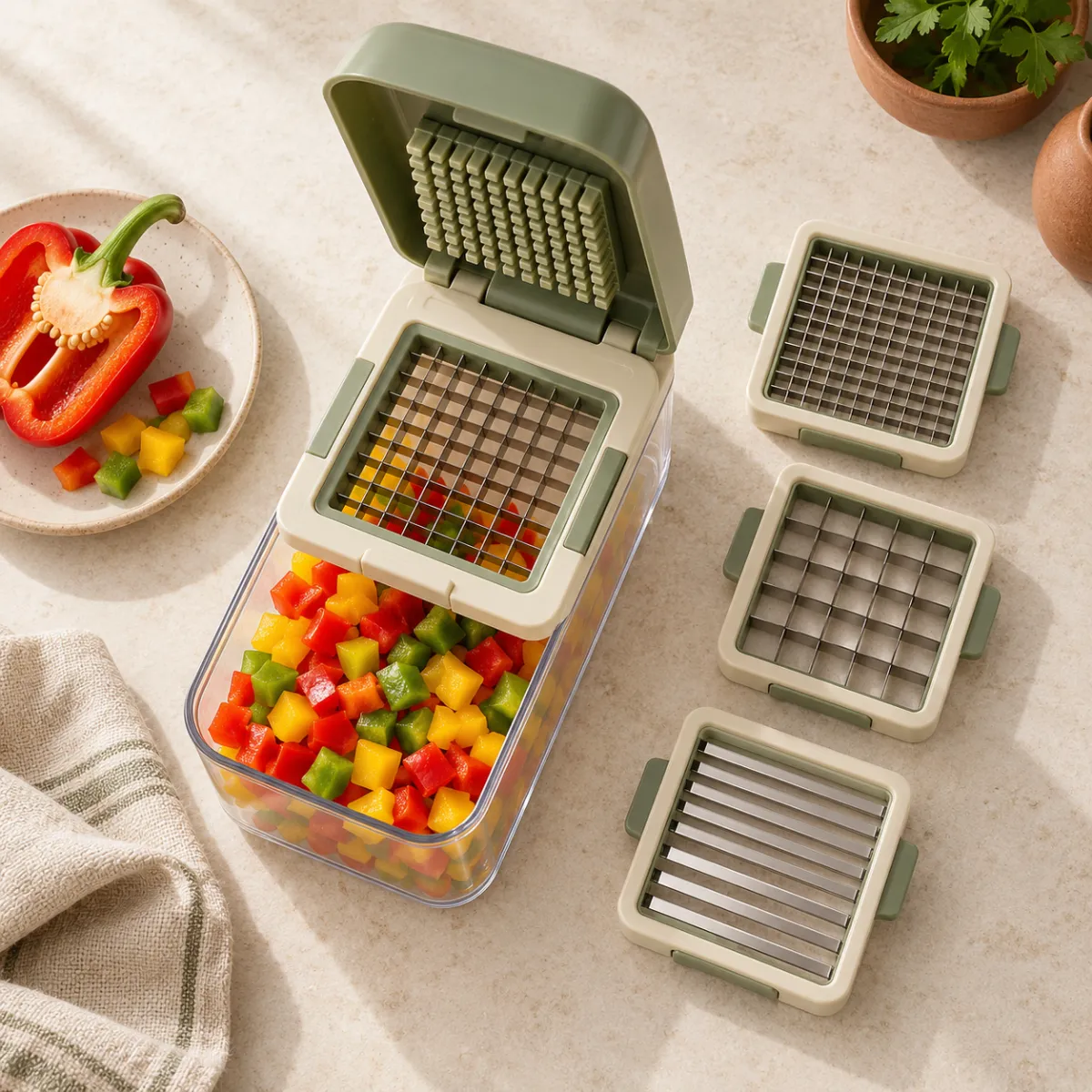 Manual vegetable chopper with swap-in blade inserts and catch container