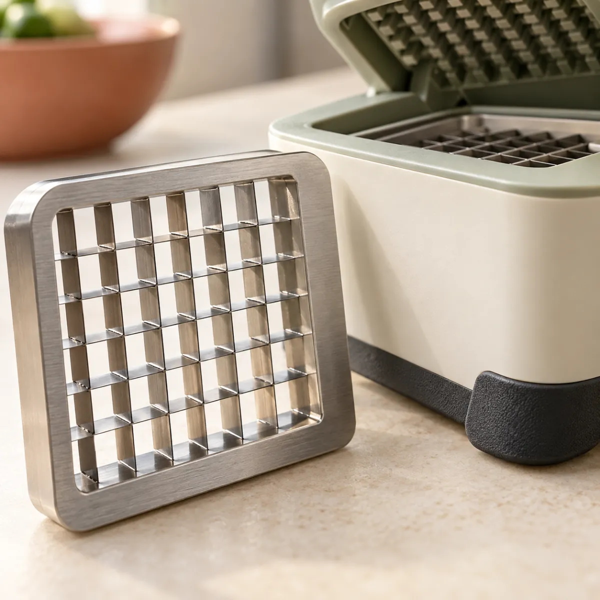 Stainless steel blade inserts and non-slip base of a vegetable chopper