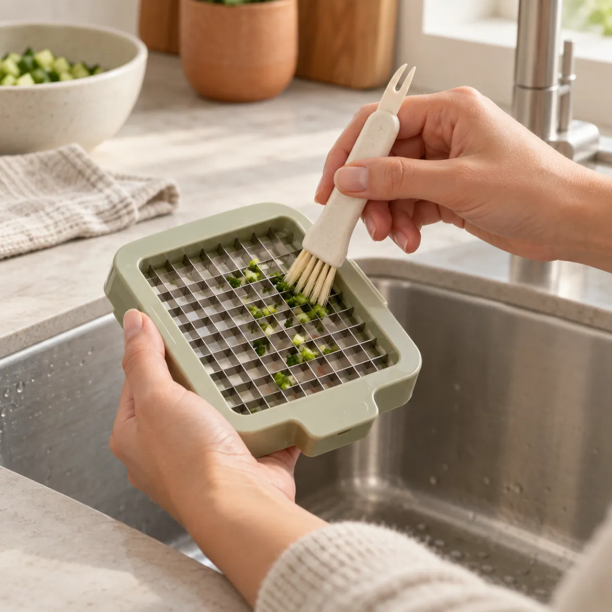 Cleaning fork pushing residue out of vegetable chopper blades at the sink