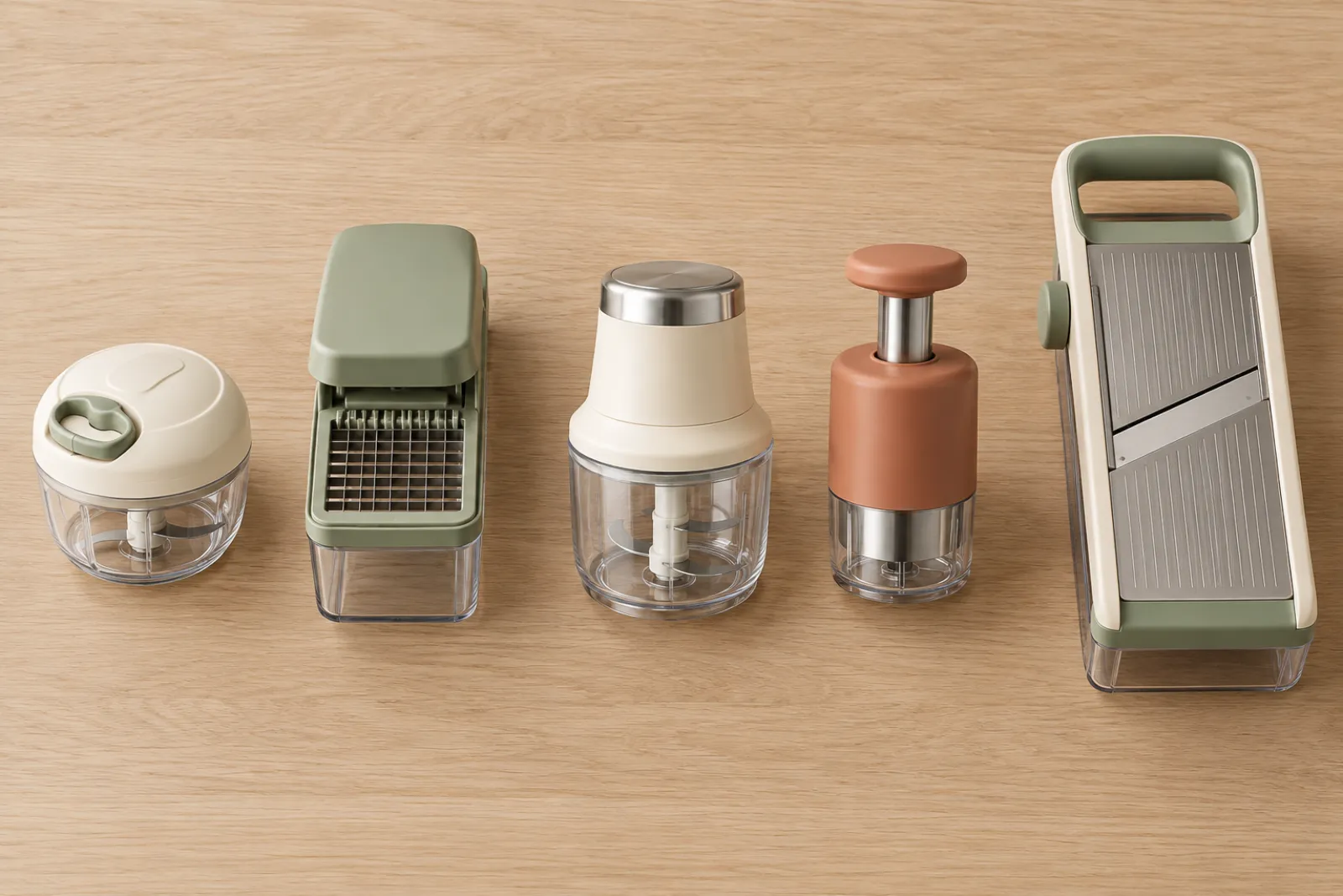 Five vegetable choppers lined up for comparison