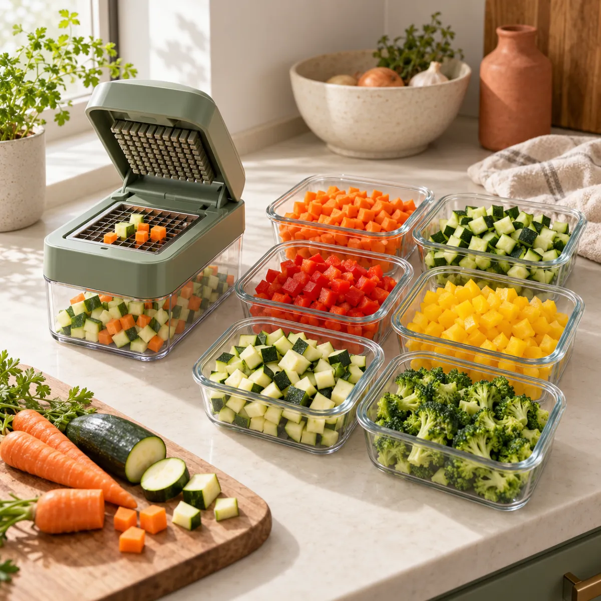 Vegetable chopper beside a week of prepped meal containers
