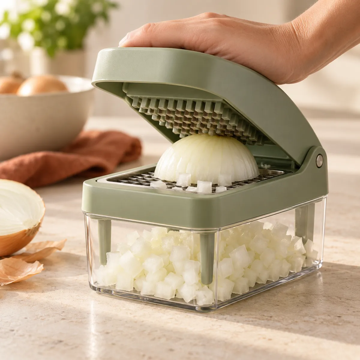 Halved onion being pressed through a vegetable chopper into even cubes