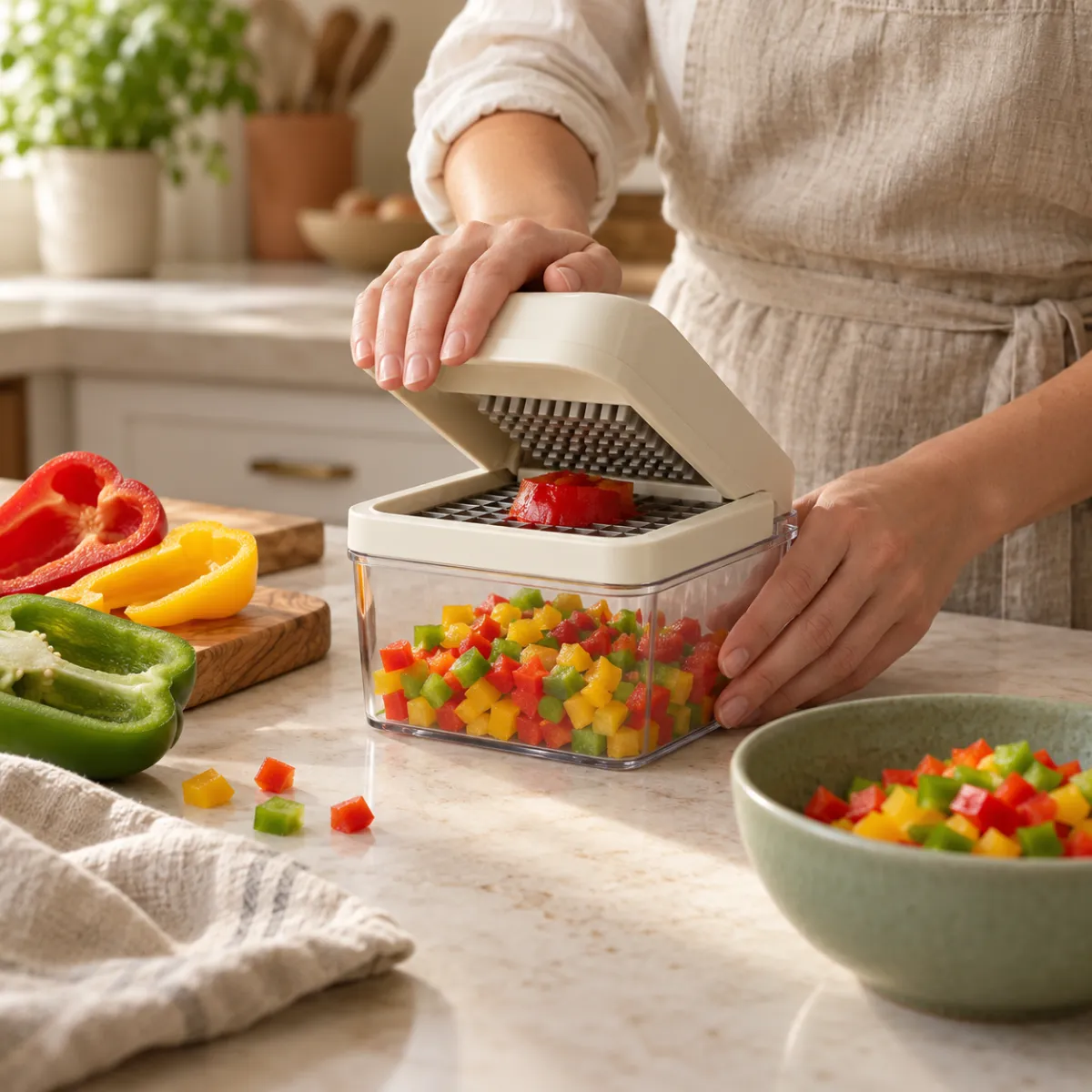 Person dicing peppers with a vegetable chopper in a home kitchen