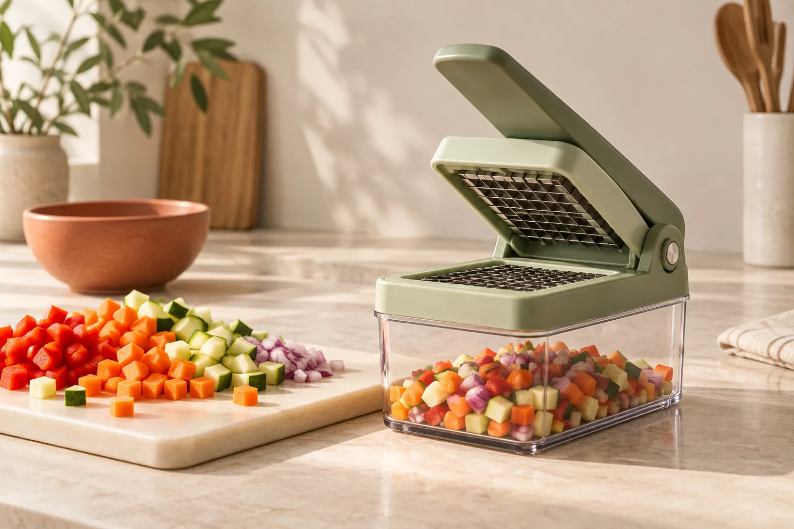 Best vegetable chopper with freshly diced vegetables ready to cook