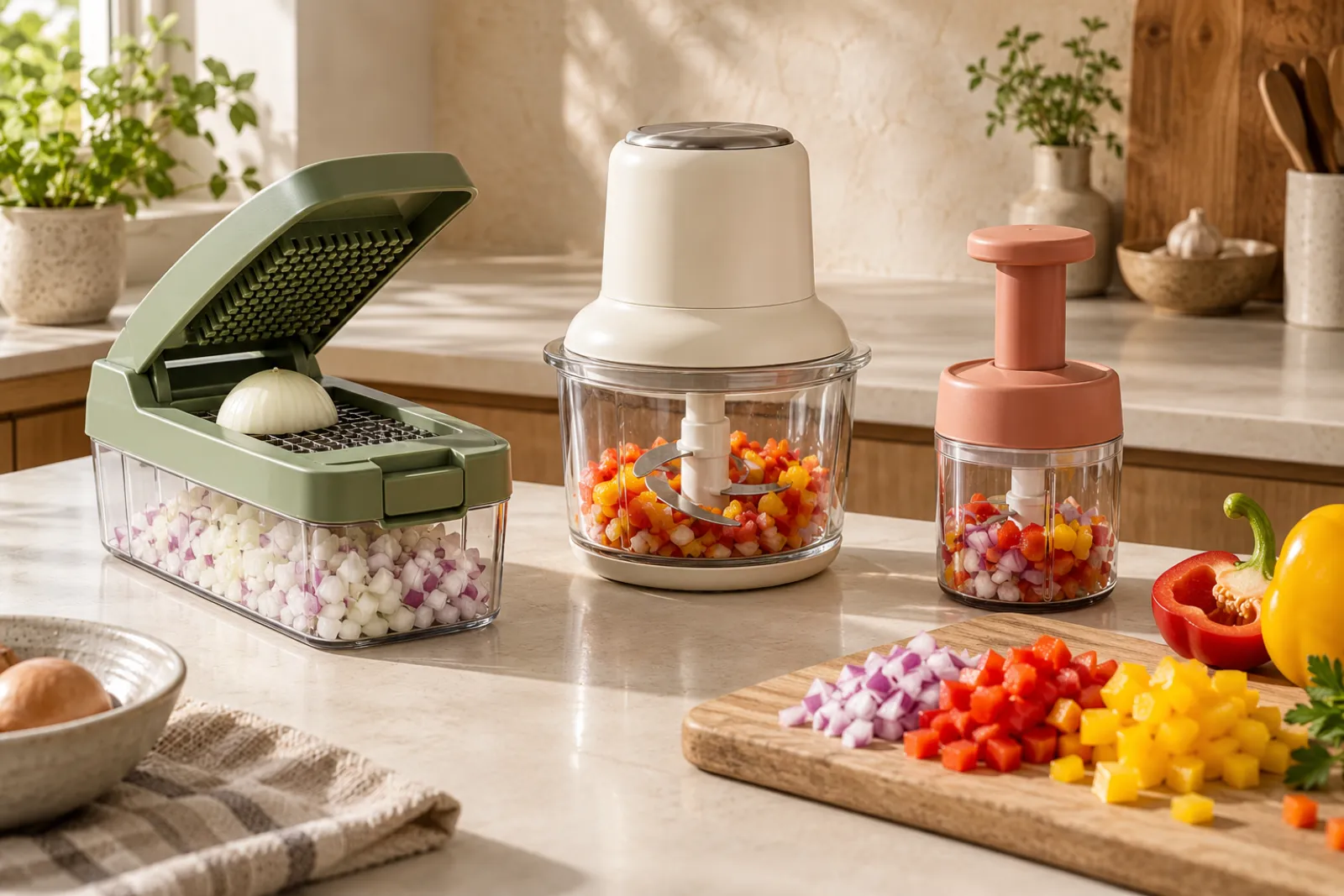 Three vegetable choppers, manual and electric, on a kitchen counter with diced onion and peppers