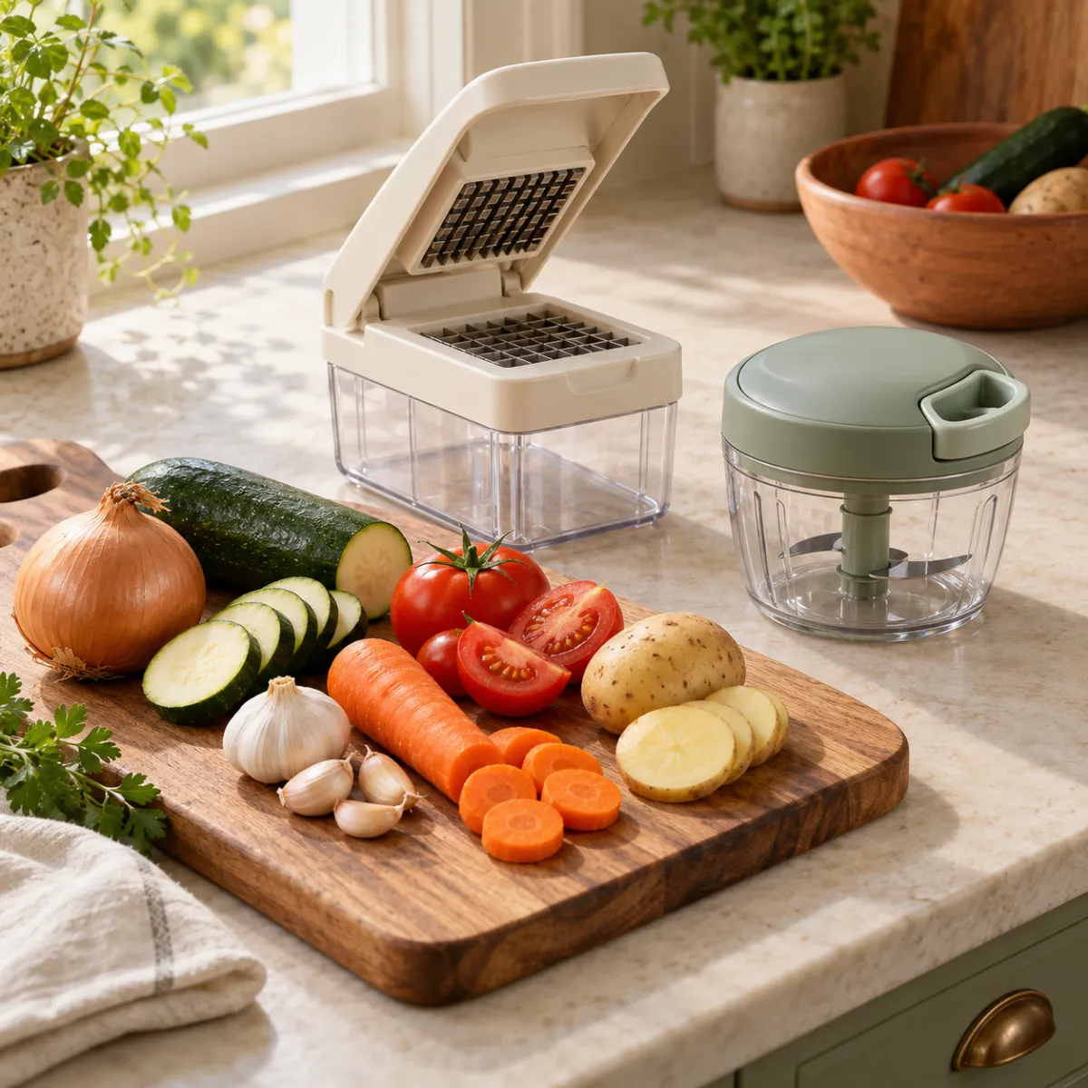 Onion, zucchini, tomato, garlic, carrot and potato prepared for chopper testing
