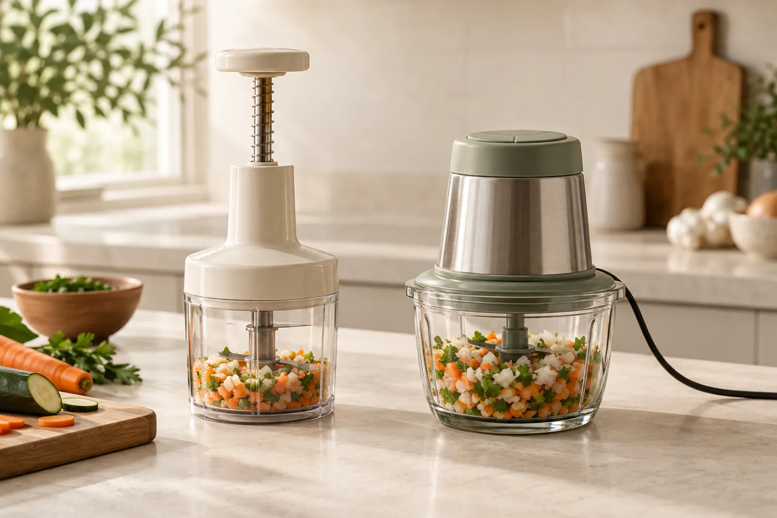 Manual push chopper next to a corded electric chopper