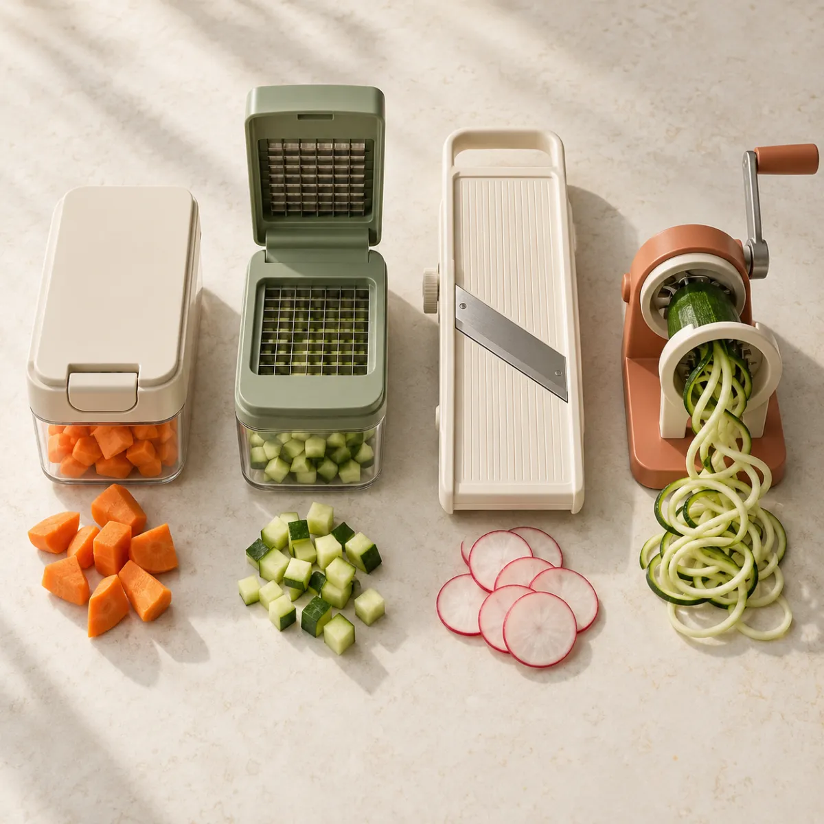 Chopper, dicer, mandoline slicer and spiral slicer side by side